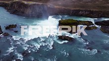 aerial view over glacial godafoss waterfall in iceland - drone shot
