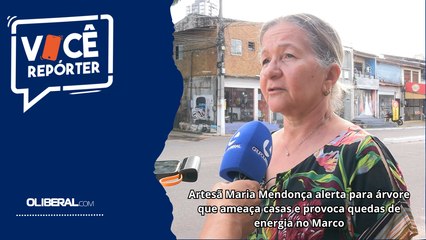 Artesã Maria Mendonça alerta para árvore que ameaça casas e provoca quedas de energia no Marco