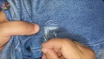 Repairing an L-shaped hole in jeans