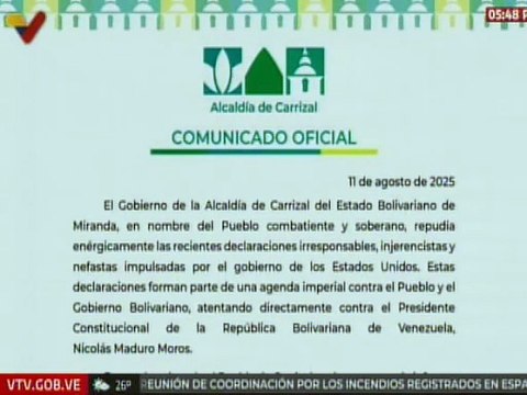 Alcaldía de Carrizal repudia recientes declaraciones de los EE. UU. en contra del Presidente Maduro