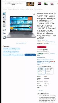 Lenovo ThinkBook 16 G6 16 FHD+ Laptop Computer, AMD Ryzen 5 7430U (Beat i7-1355U), 16GB DDR4 RAM, 512GB PCIe SSD, WiFi 6, Bluetooth