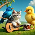 A cute little kitten 🐈🐾 playing guitar 🎸 and little 🐥 and 🐦🌻