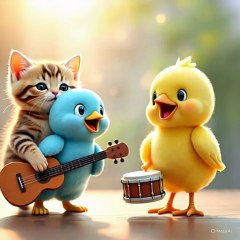 A beautiful ❤️ cat 😺 and chick 🐥 and a bird 🕊️ enjoying music 🎶🎶