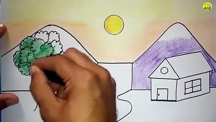Easy landscape drawing for kids and beginners_Learn house and nature simple painting