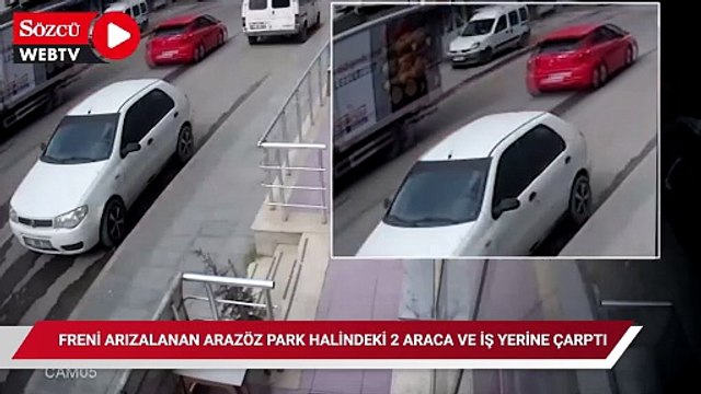 Freni arızalanan arazöz park halindeki 2 araca ve iş yerine çarptı