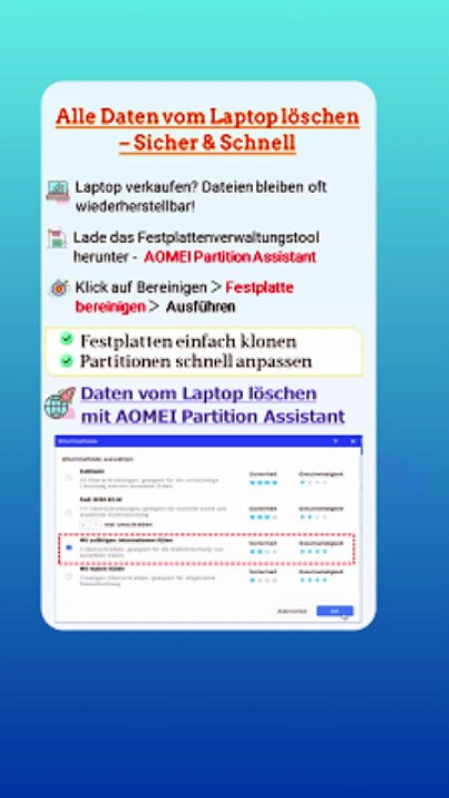 😆💡Alle Daten vom Laptop löschen – sicher & komplett mit AOMEI Partition Assistant