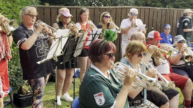 Sporting themed music, Soul Limbo, used on BBC Cricket, played by Hampshire Harlequins during Bandamonium in Devon, video Alan Quick IMG_0487