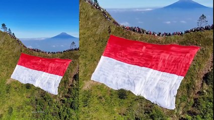Momen HUT ke-80 RI, Pendaki Gunung Andong Bentangkan Bendera Merah Putih Raksasa di Puncak