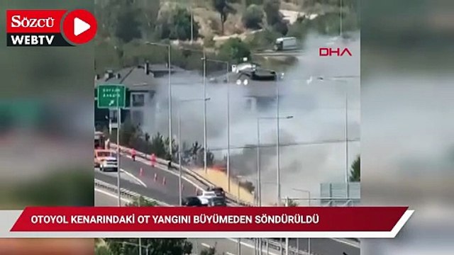 Otoyol kenarındaki ot yangını büyümeden söndürüldü