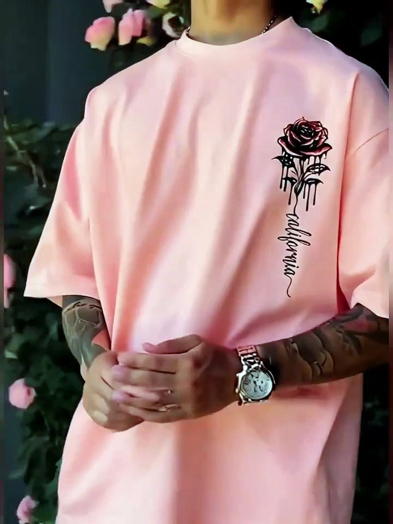 Men's Casual Red Tee with Gothic Rose Print
