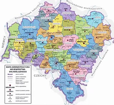 Map of Lower Silesian Voivodeship. Peta Provinsi Silesia Hilir. Lower Silesian Voivodeship Map. Mapa województwa dolnośląskiego. Carte de la voïvodie de Basse-Silésie. Mapa da Voivodia da Baixa Silésia. Mapa del Voivodato de Baja Silesia. ドルヌィ・シロンスク県の地図