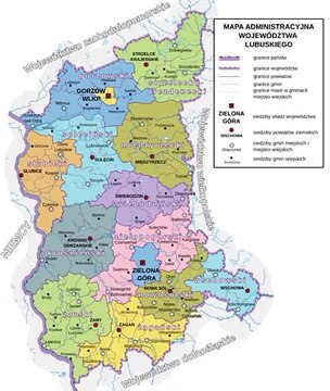 Map of Lubusz Voivodeship. Peta Provinsi Lubusz. Lubusz Voivodeship Map. Mapa województwa lubuskiego. Carte de la voïvodie de Lubusz. Mapa da voivodia de Lubúsquia. Mapa del voivodato de Lubusz. Mappa del Voivodato di Lubusz. Karte der Woiwodschaft Lebus
