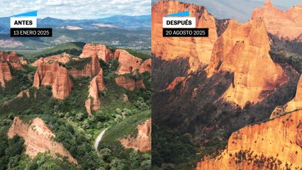 El antes y el después del incendio de Las Médulas (León)