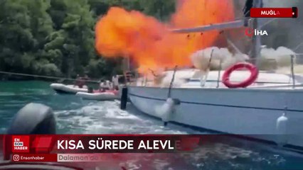 Dalaman’da özel tekne denizde alev aldı