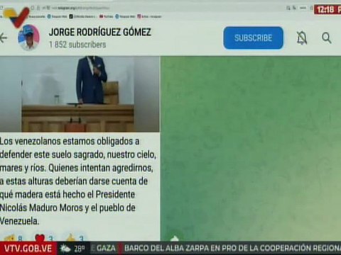 Jorge Rodríguez: Nosotros estamos obligados a defender nuestro suelo sagrado