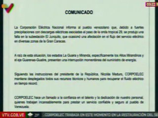 Corpoelec mantiene desplegado todos sus recursos técnicos para recuperar el servicio eléctrico