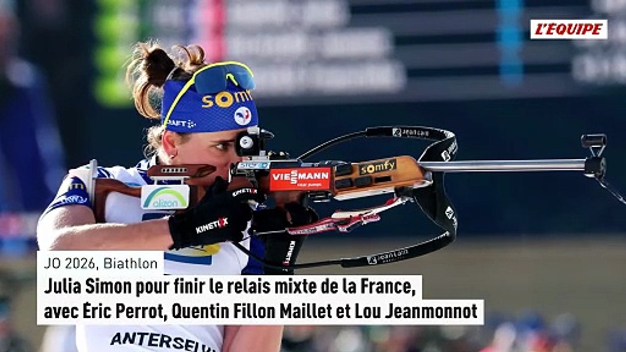 Julia Simon pour finir le relais mixte de la France, avec Éric Perrot, Quentin Fillon Maillet et Lou Jeanmonnot - JO 2026 - Biathlon