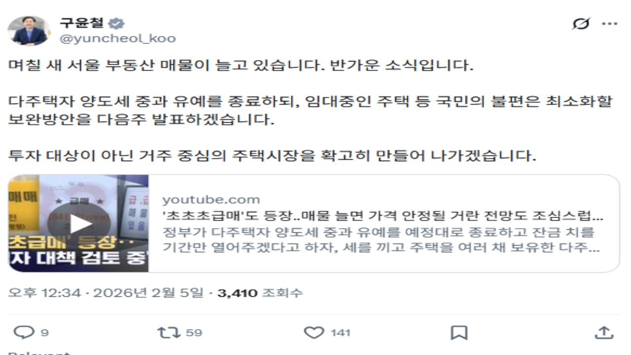 구윤철 "다주택자 양도세 중과 보완 방안 다음 주 발표" / YTN