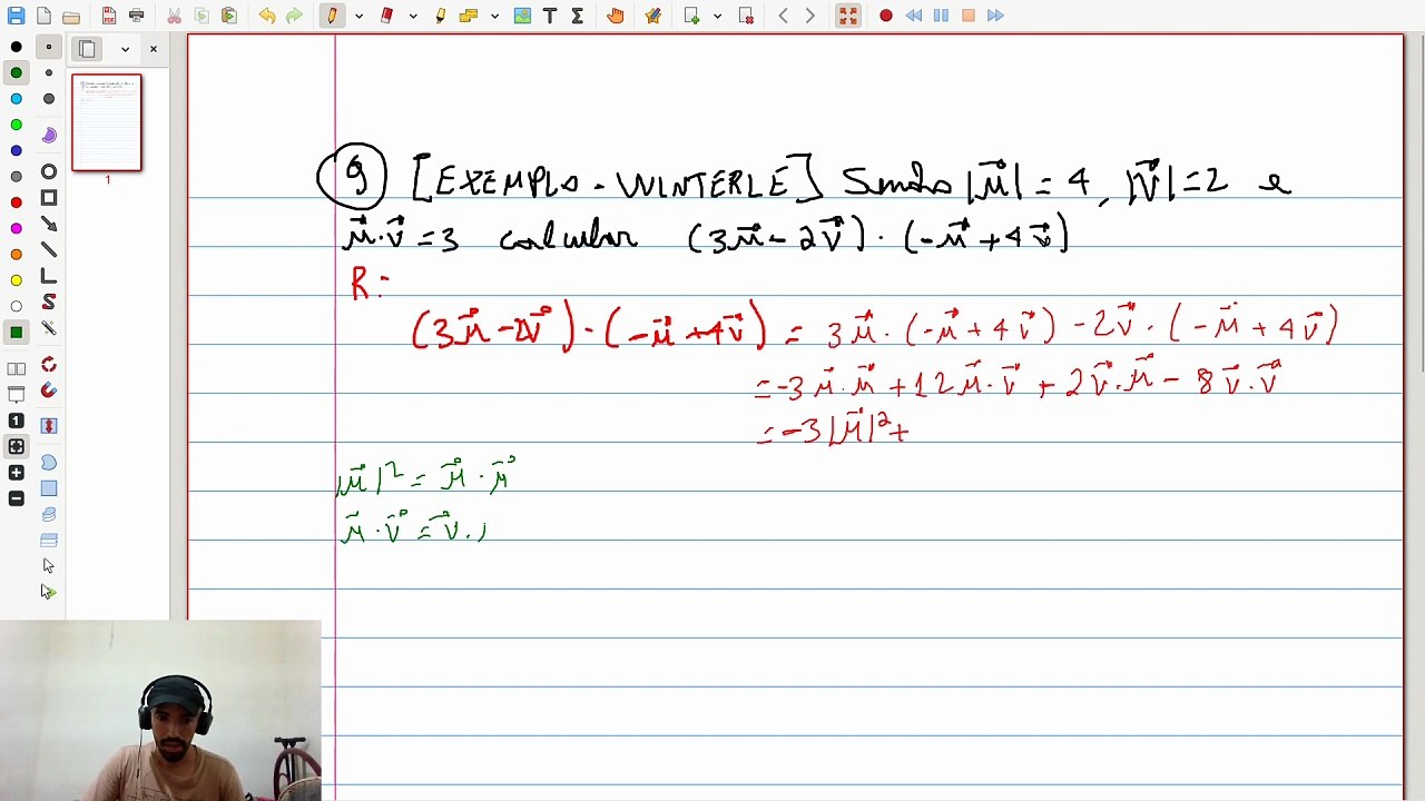 (Exercício 9) [Exemplo - Winterle]  Calcular produto escalar entre 3u-2v e -u+4v | VET&GEO-A3.14
