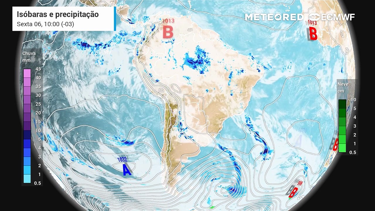 Sexta-feira, 6 de fevereiro: Previsão de chuvas, nebulosidade e pressão a nível médio do mar.