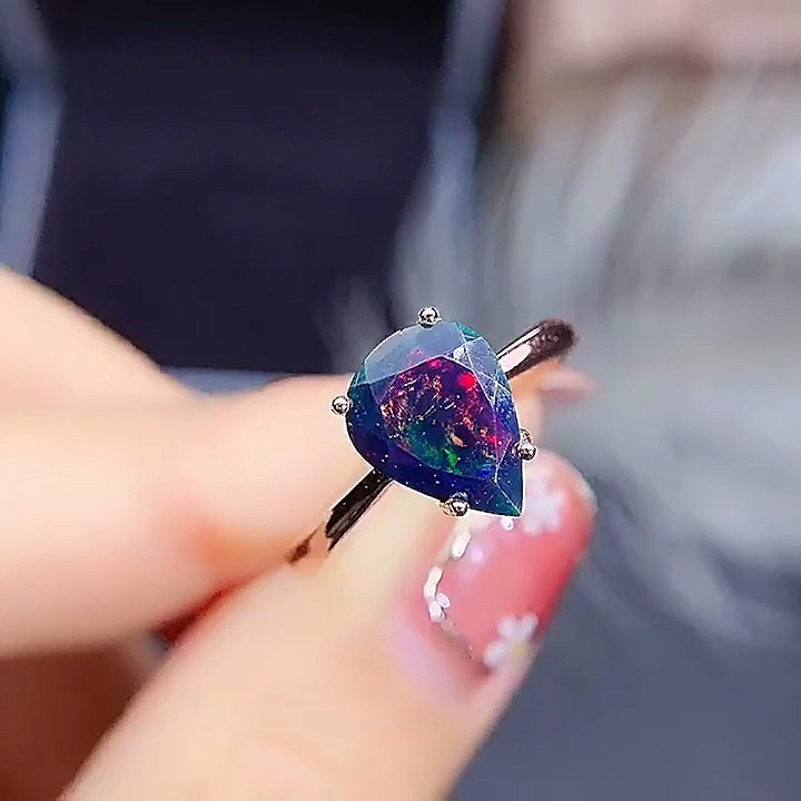 Fire Black Opal Engagement Ring in Sterling Silver