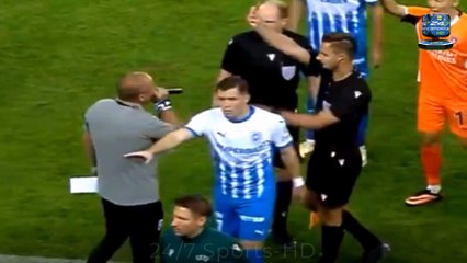 Never-before-seen moment stadium announcer gets given red card in Conference League clash
