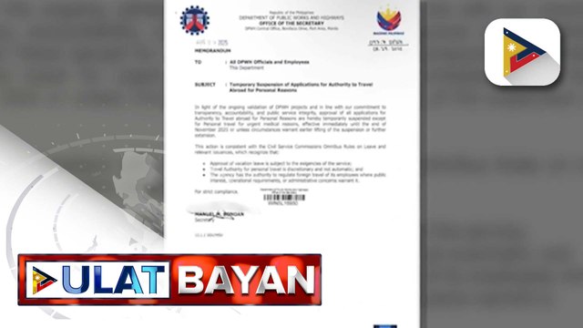 Personal na biyahe sa ibang bansa ng mga opisyal at tauhan ng DPWH, suspendido hanggang Nobyembre