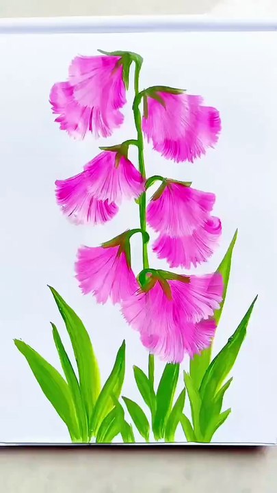 Beautiful Flower Plant Painting with Pink Blossoms, White Petals, and Green Leaves Using Paint Brush for Stunning Creative Artwork