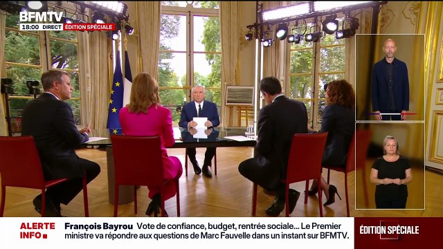 Le Premier ministre François Bayrou reçoit les quatre chaînes info à Matignon, le dimanche 31 août 2025.