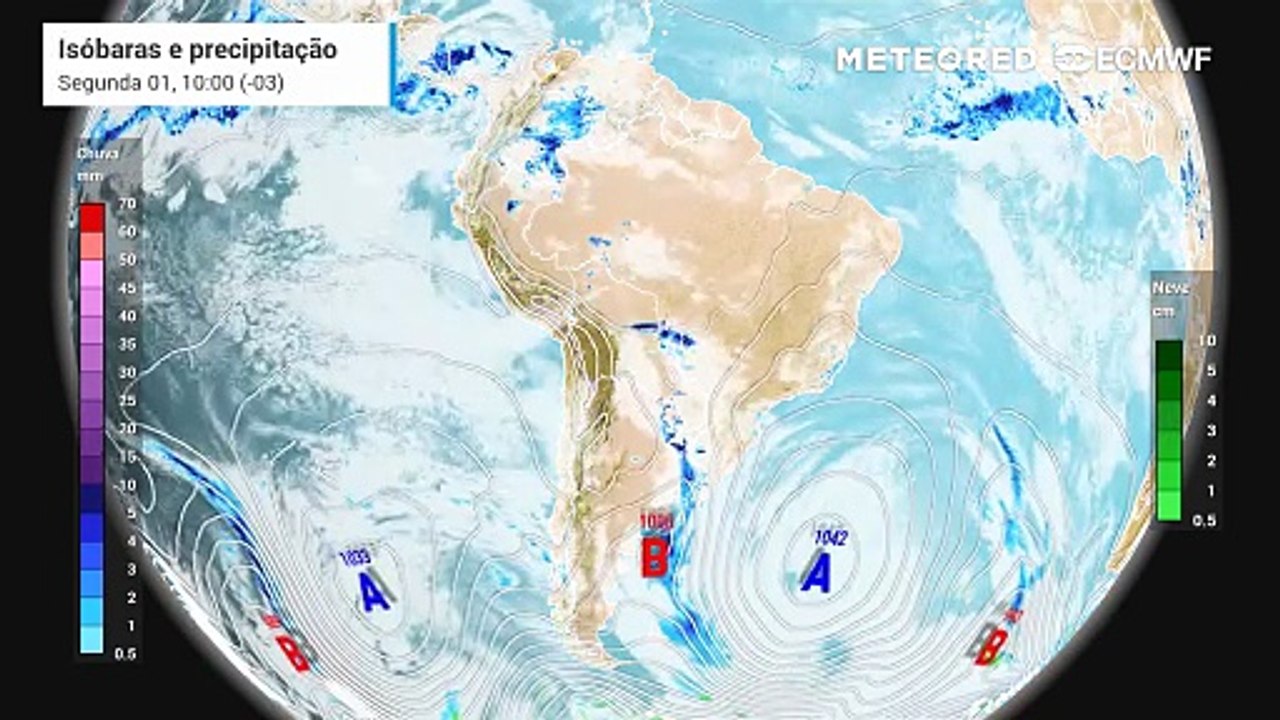 Segunda, 1 de setembro: Previsão de nebulosidade, precipitação e pressão a nível médio do mar entre segunda (1) e quarta-feira (3).