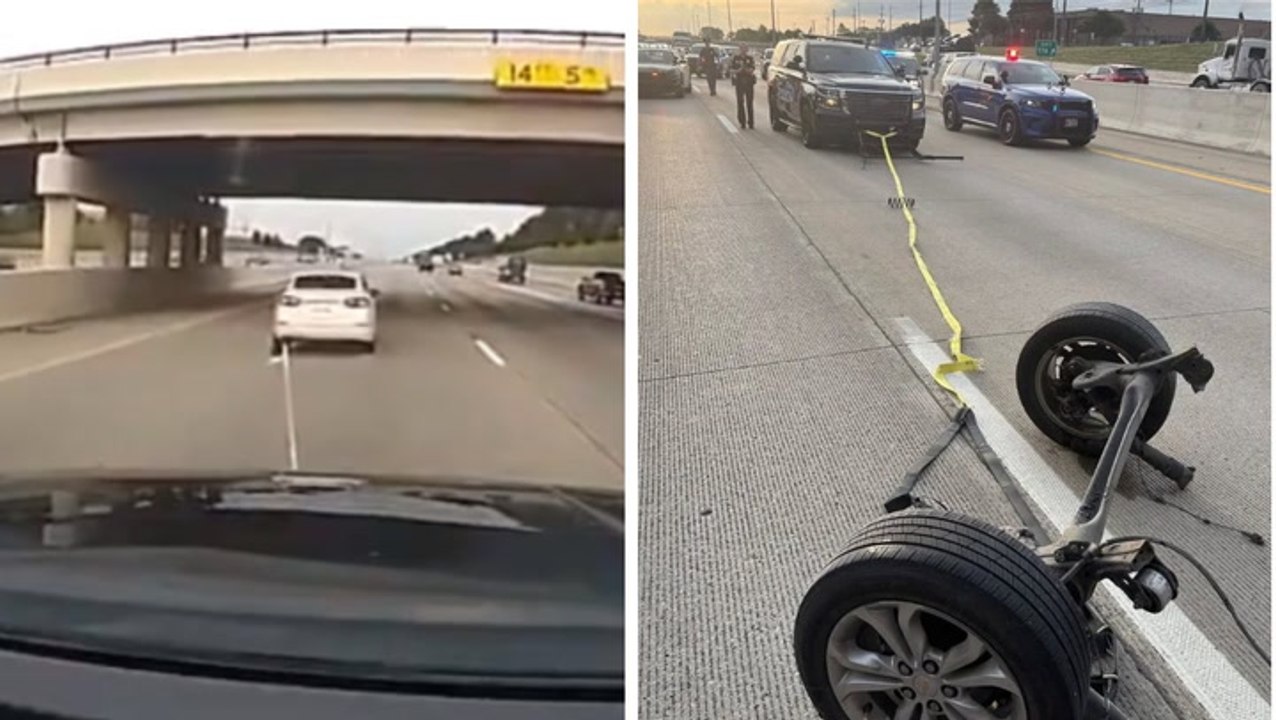 Moment stolen car’s axle is ripped off after repeated attempts to escape tire grappler