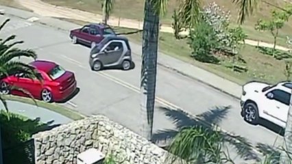 Vaga para três, drama para um: motorista luta para estacionar Smart e quase cai em lago