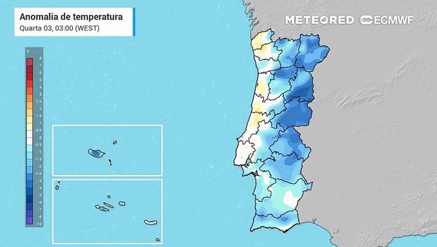 Zig-zag na temperatura do ar registada em Portugal Continental nos próximos dias. Domingo pode terminar com anomalia negativa de temperatura do ar.