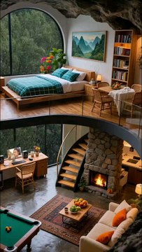 Two-Story Resort Interior Tour, bedroom, Fireplace, Pool Table, and Mountain Views