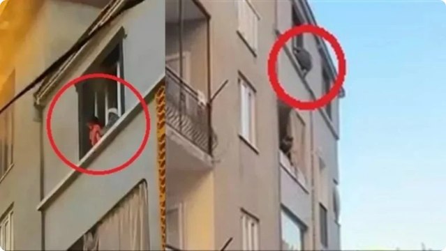 Evde çıkan yangında önce çocuğunu, sonra kendisini 3’üncü kattan attı; o anlar kamerada