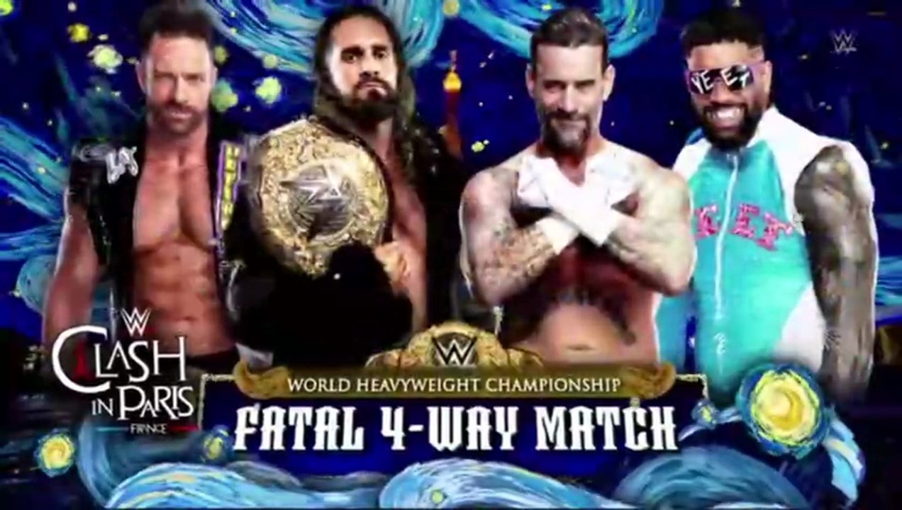 Seth Rollis vs Jey Uso CM Punk vs LA Knight WWE World Heavyweight Title Fatal Four Way Match in Clash in Paris 2025