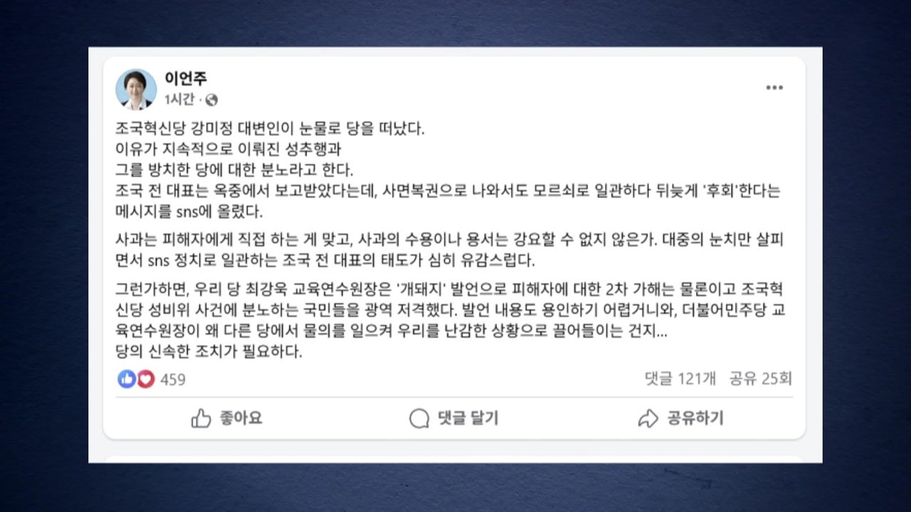민주 이언주, 조국 직격... "대중 눈치 살피며 SNS 정치만...유감" / YTN