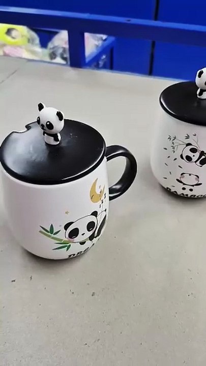Panda Mug with 3D Hand-Painted Lid and Spoon Funny Pink Ceramic Panda Coffee Mug Tea Cup