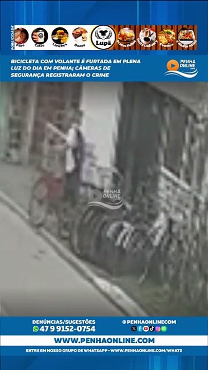 Bicicleta com volante é furtada em plena luz do dia em Penha; câmeras de segurança registraram o crime