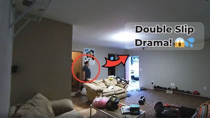 Mother and her son slip on wet tiles of movie room and fall