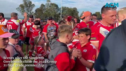 Singleton Greyhounds celebrate winning the 2025 Group 21 grand final.