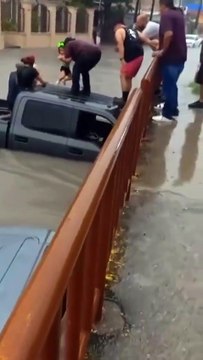 Family with Children Rescued from Floodwaters in Piedras Negras, Coahuila, Mexico After Heavy Rains