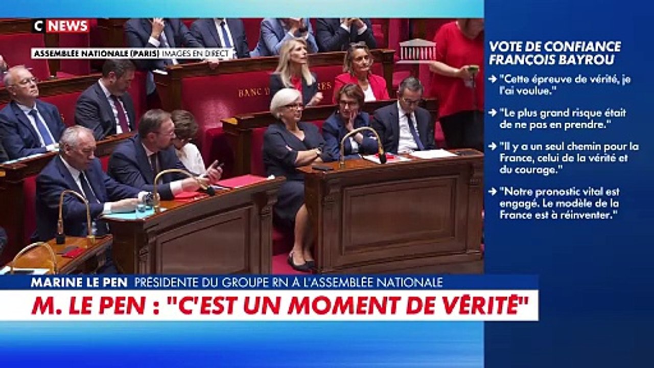 Vote de confiance - Marine Le Pen, présidente du groupe RN à l’Assemblée nationale : «A quoi bon maintenir un gouvernement qui ne gouverne pas ? […] Nous vivons l’effondrement d’un système»