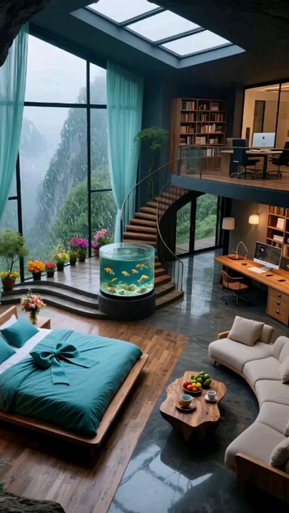 Resort Bedroom with Circular Aquarium,Tourism, Nature, Living Room, Interior Design.