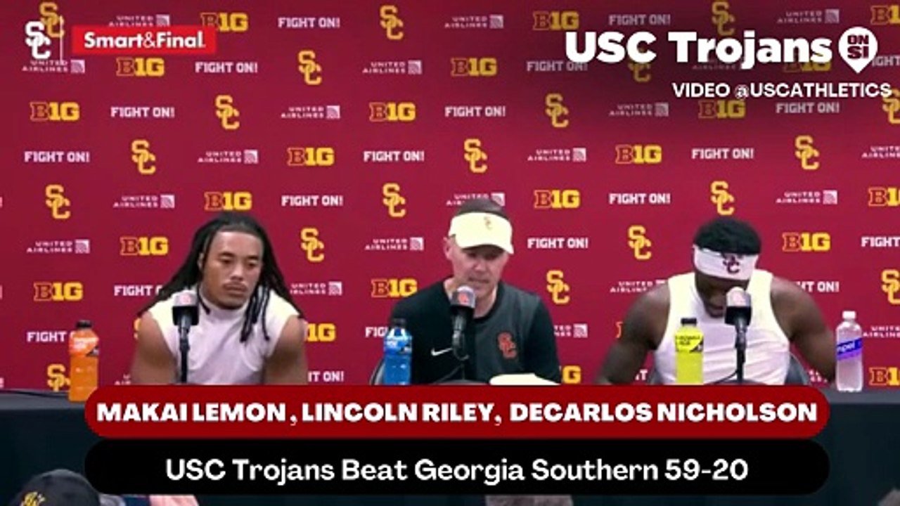 USC Trojans Coach Lincoln Riley, Wide Receiver Makai Lemon, and Cornerback DeCarlos Nicholson discusses how the defensive line trust each other