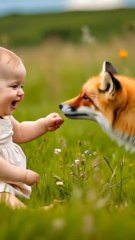 Cute baby playing with fox 🦊