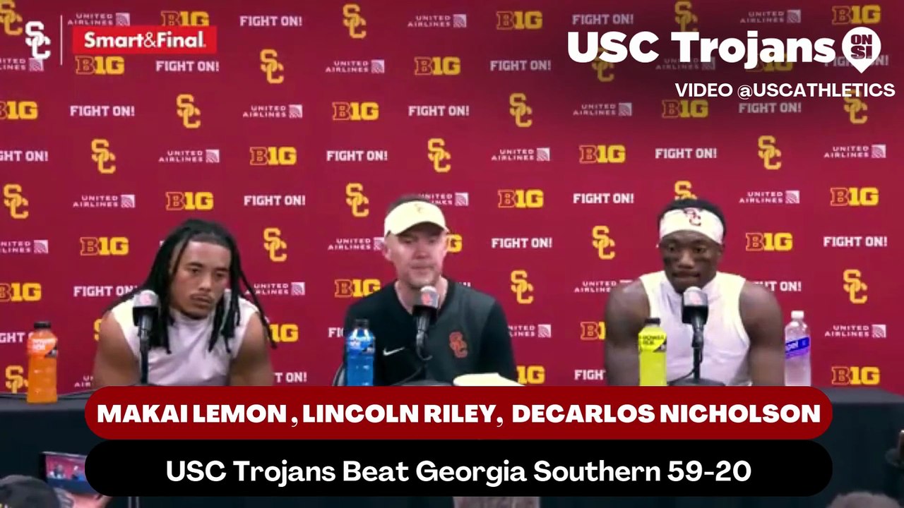 USC Trojans Coach Lincoln Riley, Wide Receiver Makai Lemon, and Cornerback DeCarlos Nicholson discusses the depth of both the offense and the defense