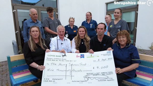 Dr Andrew Cowley, head for cancer services at University of Shrewsbury and Telford Hospitals NHS Trust(pictured second left) accepts a cheque for £9,000 after the money was raised from the Regen Committee from the Newport Show.