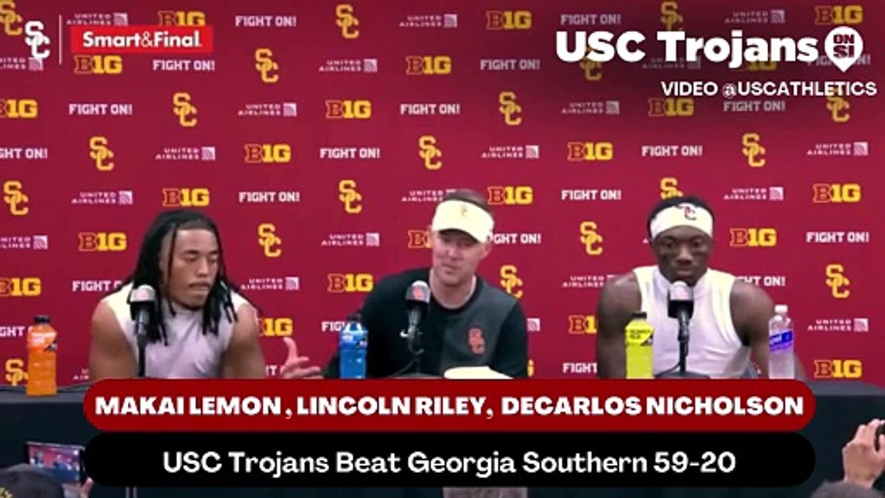 USC Trojans head coach Lincoln Riley, wide receiver Makai Lemon, and Cornerback DeCarlos Nicholson discusses what the Trojans need to execute better