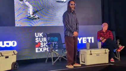 Dogtown and Z Boys legend Tony Alva giving his talk at the 2025 Surf & Skate Expo held in Newquay